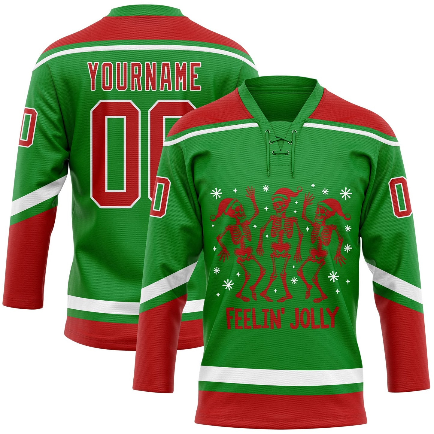 Custom Grass Green Red-White Funny Christmas 3D Hockey Lace Neck Jersey - Sky-Custom
