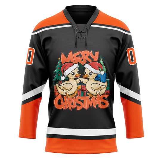 Custom Black Orange-White Funny Christmas 3D Hockey Lace Neck Jersey - Sky-Custom