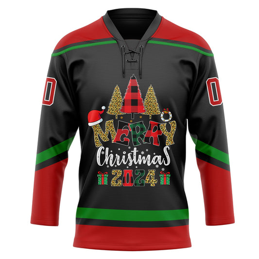 Custom Black Red-Grass Green Funny Christmas 3D Hockey Lace Neck Jersey - Sky-Custom