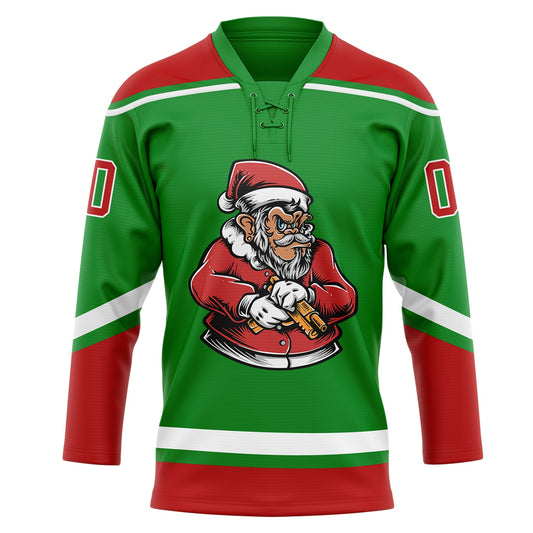 Custom Grass Green Red-White Funny Christmas 3D Hockey Lace Neck Jersey - Sky-Custom