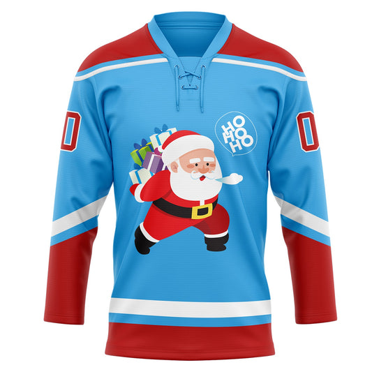 Custom Sky Blue Red-White Funny Christmas 3D Hockey Lace Neck Jersey - Sky-Custom