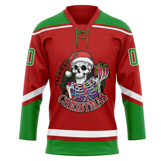 Custom Red Grass Green-White Funny Christmas 3D Hockey Lace Neck Jersey - Sky-Custom