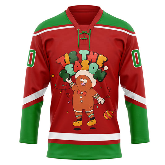 Custom Red Grass Green-White Funny Christmas 3D Hockey Lace Neck Jersey - Sky-Custom