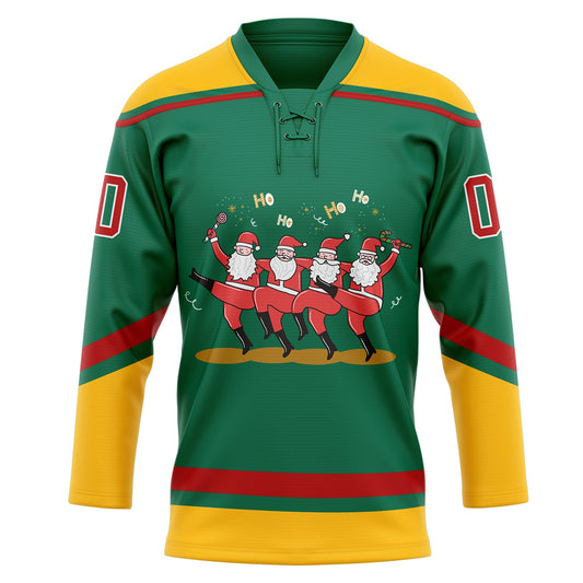 Custom Kelly Green Red-Gold Funny Christmas 3D Hockey Lace Neck Jersey - Sky-Custom