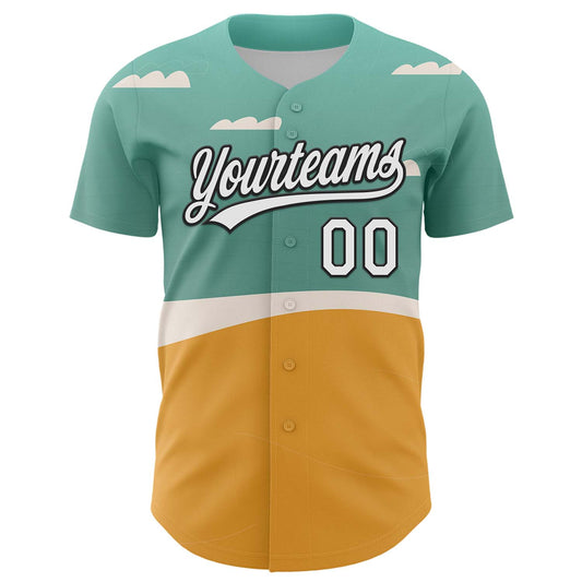 Custom Teal Black-Old Gold 3D Funny Christmas Authentic Baseball Jersey - Sky-Custom