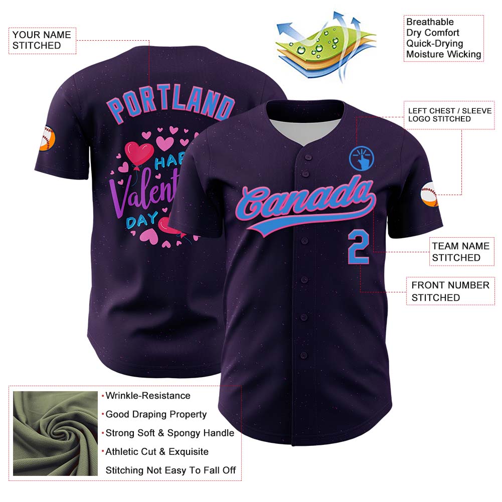 Custom Purple Electric Blue-Pink 3D Love Heart Valentine's Day Authentic Baseball Jersey - Sky-Custom