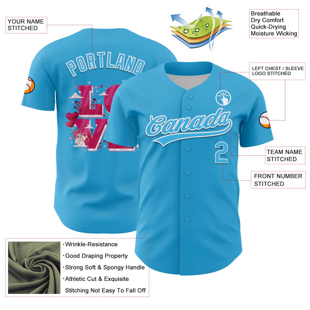Custom Sky Blue White 3D Love Heart Valentine's Day Authentic Baseball Jersey - Sky-Custom