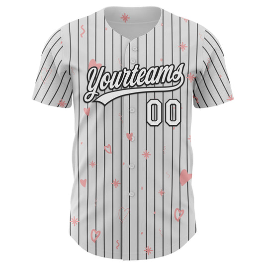 Custom White Black Pinstripe Black 3D Love Heart Valentine's Day Authentic Baseball Jersey - Sky-Custom
