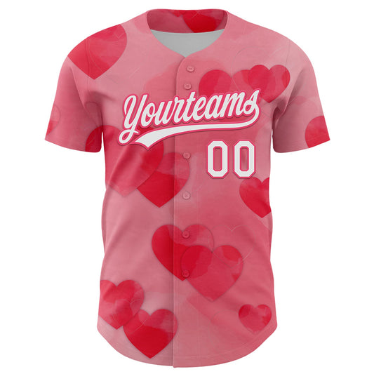 Custom Neon Pink White 3D Love Heart Valentine's Day Authentic Baseball Jersey - Sky-Custom