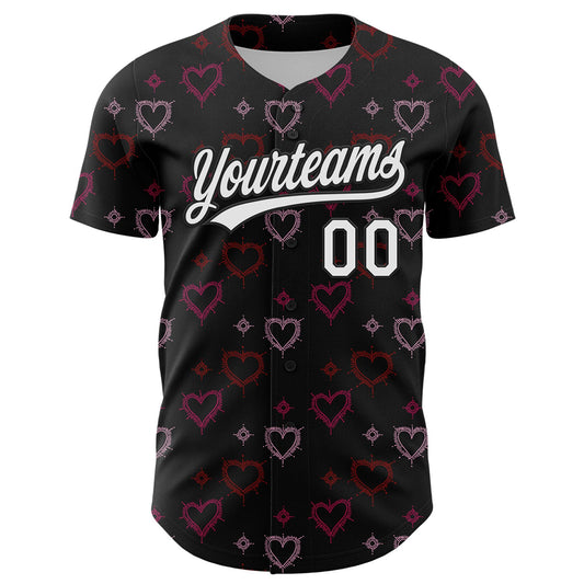 Custom Black White 3D Love Heart Valentine's Day Authentic Baseball Jersey - Sky-Custom