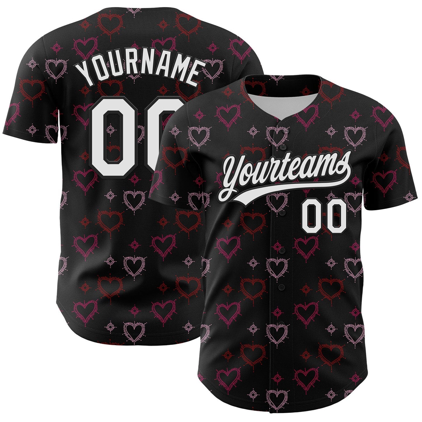 Custom Black White 3D Love Heart Valentine's Day Authentic Baseball Jersey - Sky-Custom