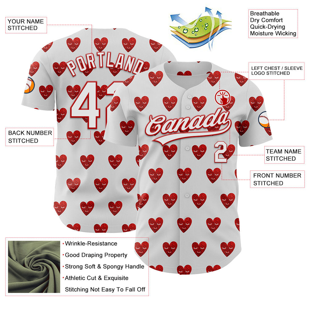 Custom White Red 3D Love Heart Valentine's Day Authentic Baseball Jersey - Sky-Custom