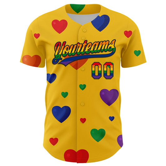 Custom Yellow Rainbow-Black 3D Love Heart Valentine's Day Authentic Baseball Jersey - Sky-Custom