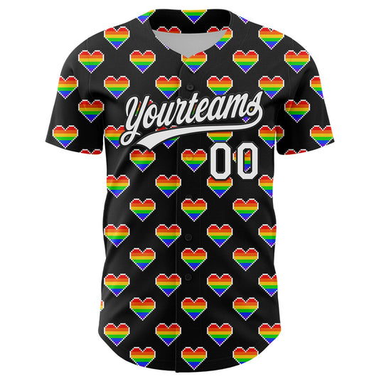 Custom Black White 3D Love Heart Valentine's Day Authentic Baseball Jersey - Sky-Custom