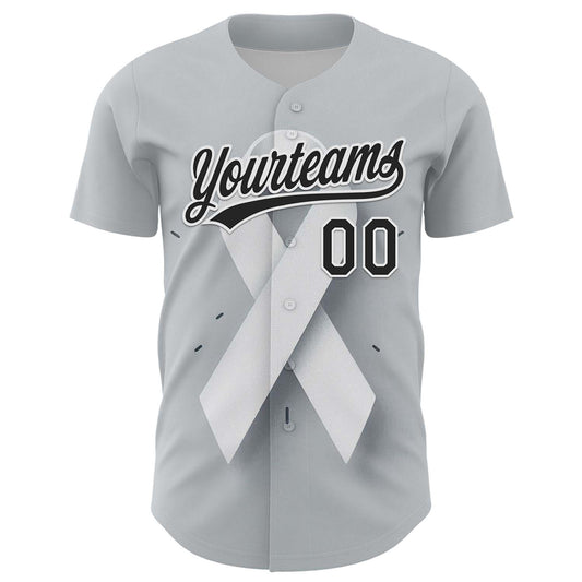 Custom Gray Black White 3D Lung Cancer Ribbon Authentic Baseball Jersey - Sky-Custom