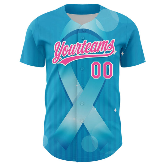 Custom Sky Blue Pink-White 3D Prostate Cancer Ribbon Authentic Baseball Jersey - Sky-Custom