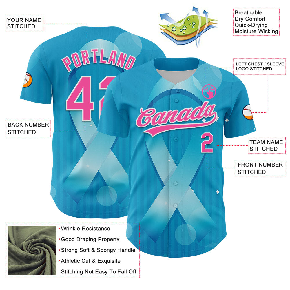 Custom Sky Blue Pink-White 3D Prostate Cancer Ribbon Authentic Baseball Jersey - Sky-Custom