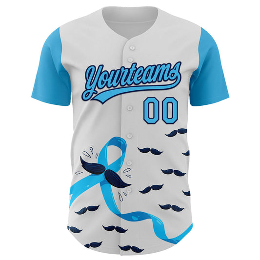 Custom White Sky Blue-Navy 3D Prostate Cancer Ribbon Authentic Baseball Jersey - Sky-Custom