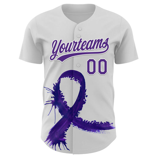 Custom White Purple 3D Testicular Cancer Ribbon Authentic Baseball Jersey - Sky-Custom