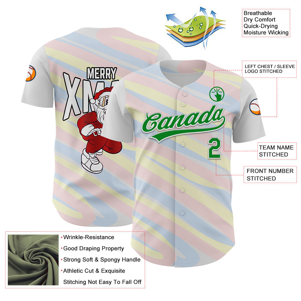 Custom White Grass Green 3D Funny Christmas Authentic Baseball Jersey - Sky-Custom