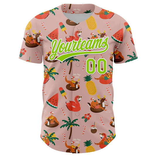 Custom Medium Pink Neon Green-White 3D Funny Christmas Authentic Baseball Jersey - Sky-Custom