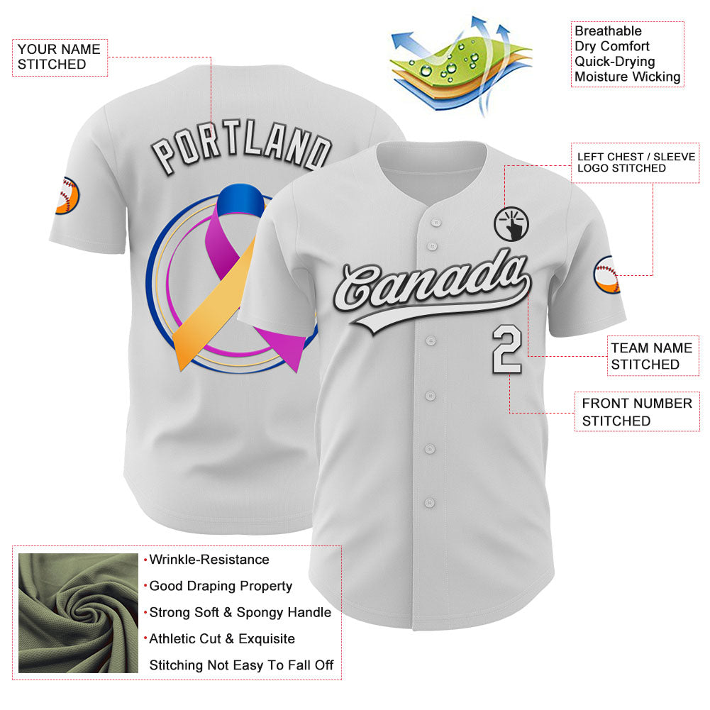 Custom White Purple Yellow Navy-Black 3D Bladder Cancer Ribbon Authentic Baseball Jersey - Sky-Custom