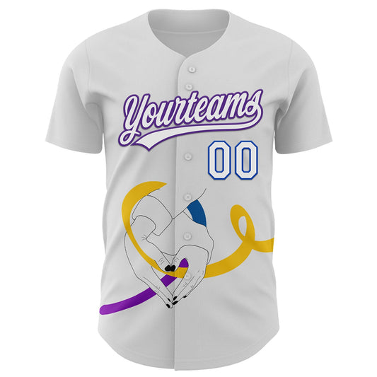 Custom White Purple Thunder Blue-Yellow 3D Bladder Cancer Ribbon Authentic Baseball Jersey - Sky-Custom