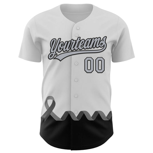 Custom White Gray-Black 3D Brain Cancer Ribbon Authentic Baseball Jersey - Sky-Custom