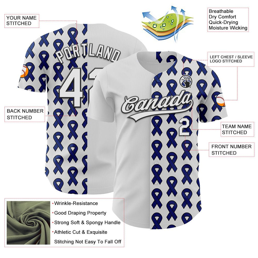Custom White Black-Navy 3D Colorectal Cancer Ribbon Authentic Baseball Jersey - Sky-Custom