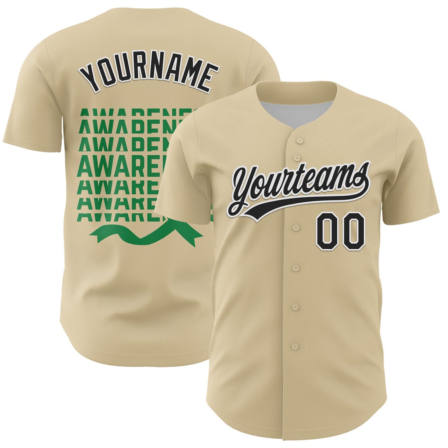 Custom Cream Black-Kelly Green 3D Gallbladder And Bile Duct Cancer Ribbon Authentic Baseball Jersey - Sky-Custom