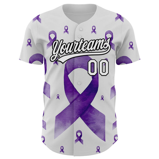 Custom White Purple-Black 3D Gynecological Cancer Ribbon Authentic Baseball Jersey - Sky-Custom