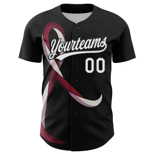 Custom Black White-Burgund 3D Head And Neck Cancer Ribbon Authentic Baseball Jersey - Sky-Custom