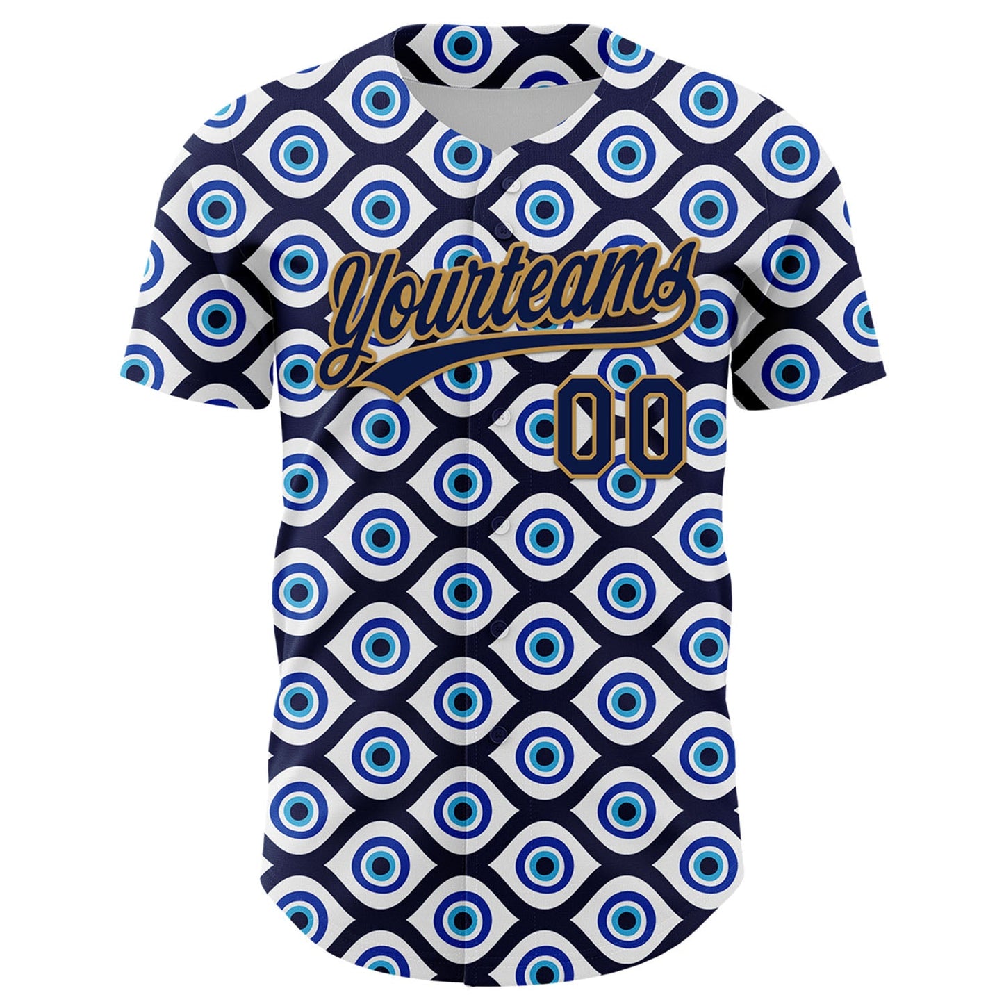 Custom White Navy-Old Gold 3D Pattern Design Evil Eyes Authentic Baseball Jersey - Sky-Custom