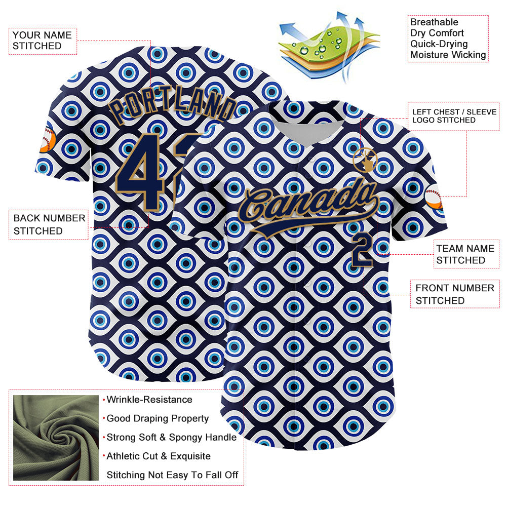 Custom White Navy-Old Gold 3D Pattern Design Evil Eyes Authentic Baseball Jersey - Sky-Custom