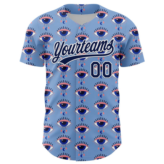 Custom Light Blue Navy-White 3D Pattern Design Evil Eyes Authentic Baseball Jersey - Sky-Custom
