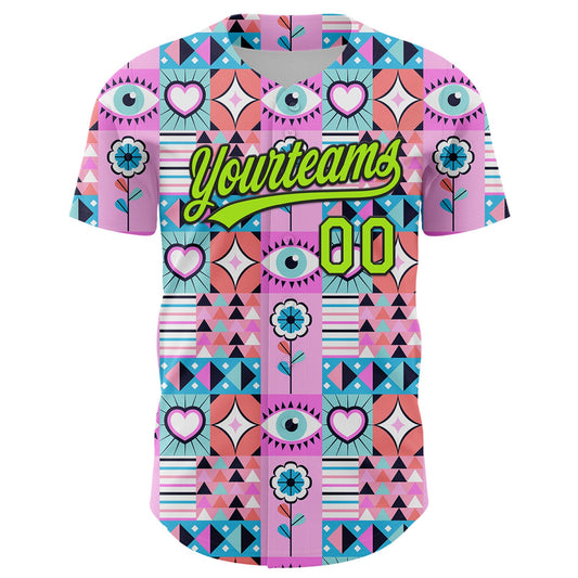 Custom Pink Neon Green-Black 3D Pattern Design Evil Eyes Authentic Baseball Jersey - Sky-Custom