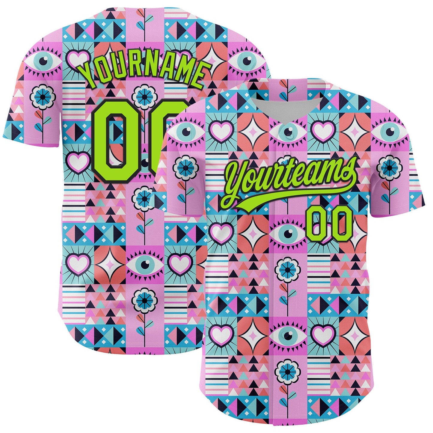 Custom Pink Neon Green-Black 3D Pattern Design Evil Eyes Authentic Baseball Jersey - Sky-Custom