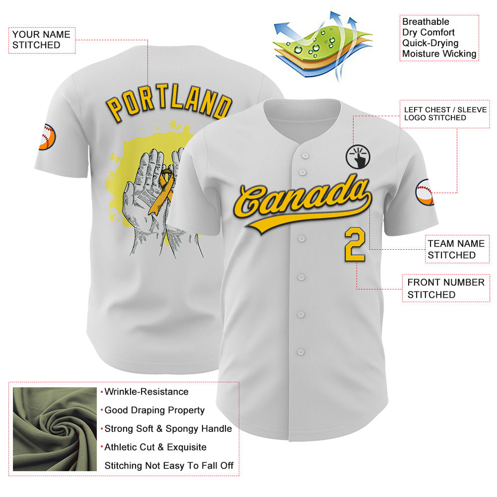Custom White Yellow-Black 3D Childhood Cancer Gold Ribbon Authentic Baseball Jersey - Sky-Custom