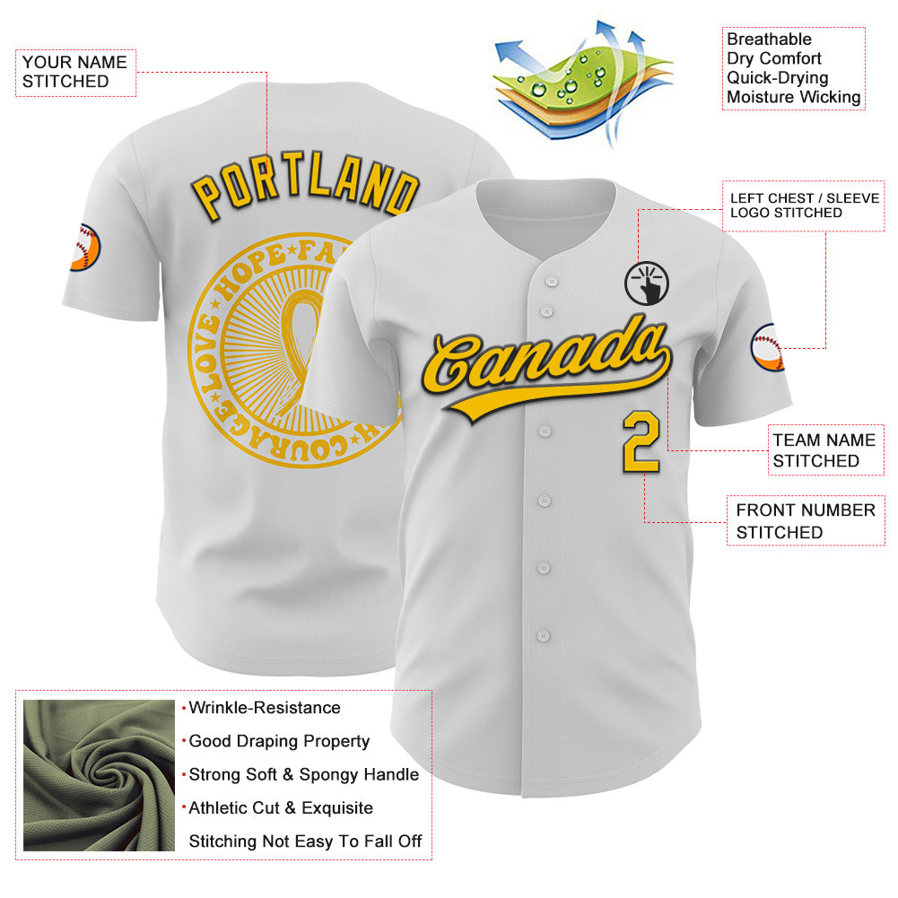 Custom White Yellow-Black 3D Childhood Cancer Gold Ribbon Authentic Baseball Jersey - Sky-Custom
