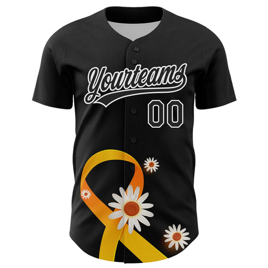 Custom Black Yellow-White 3D Childhood Cancer Gold Ribbon Authentic Baseball Jersey - Sky-Custom
