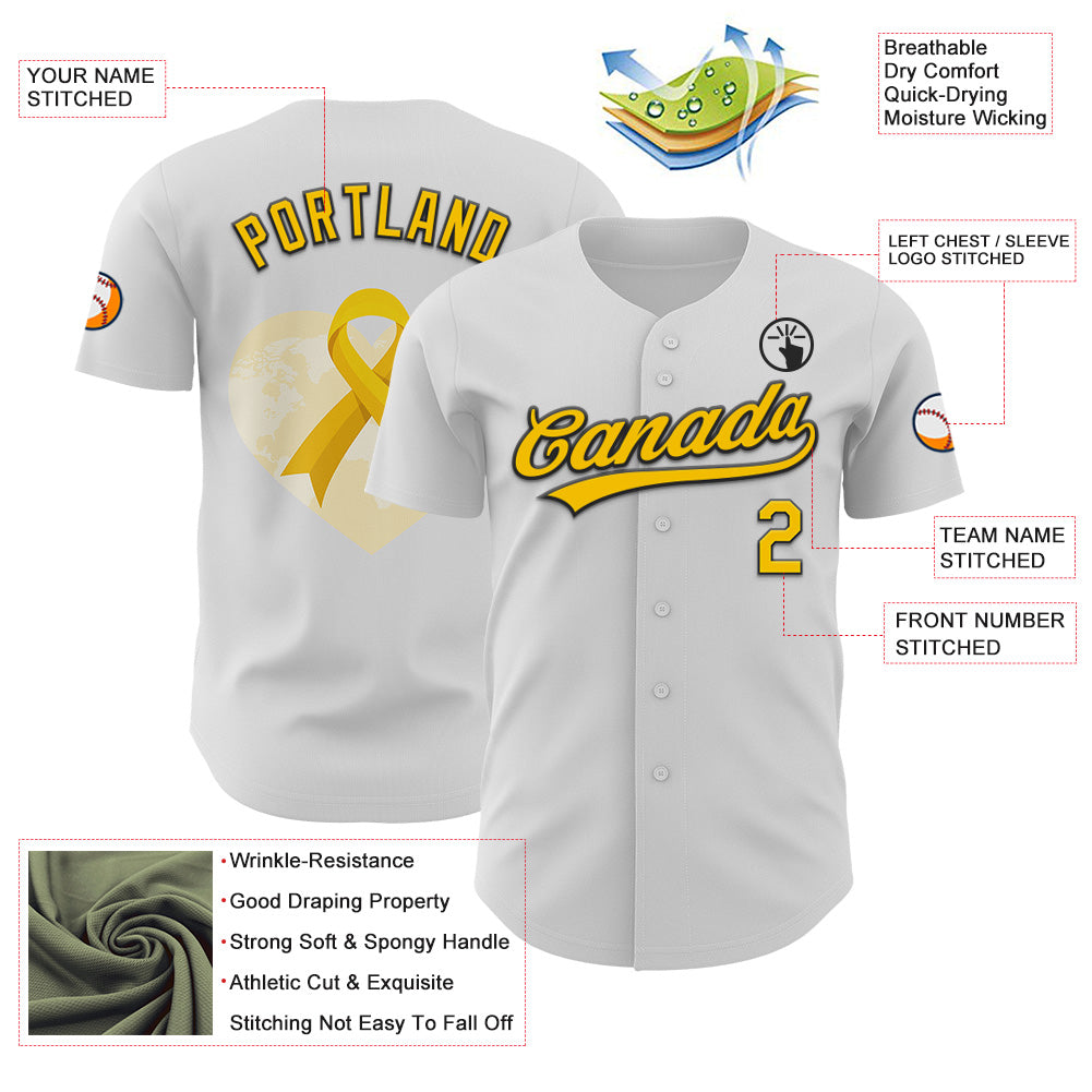 Custom White Yellow-Black 3D Childhood Cancer Gold Ribbon Authentic Baseball Jersey - Sky-Custom