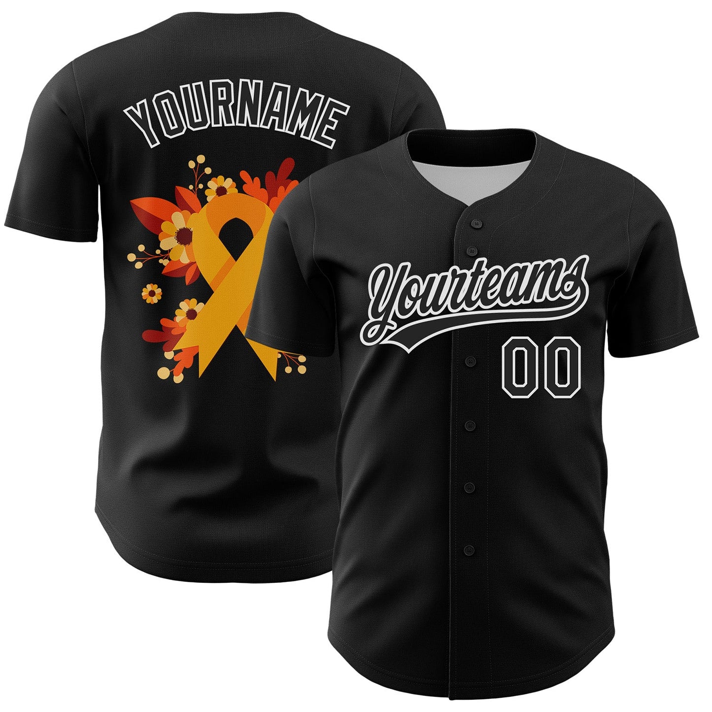 Custom Black Yellow-White 3D Childhood Cancer Gold Ribbon Authentic Baseball Jersey - Sky-Custom