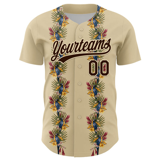 Custom Cream Brown 3D Tropical Hawaii Palm Tree And Bird Authentic Baseball Jersey - Sky-Custom