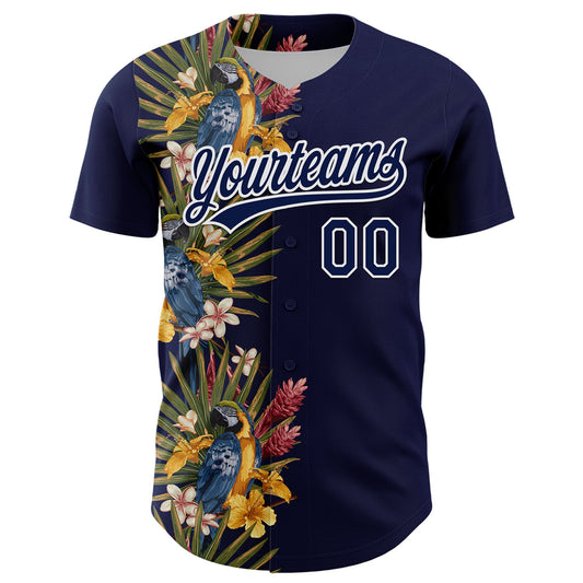 Custom Navy White 3D Tropical Hawaii Palm Tree And Bird Authentic Baseball Jersey - Sky-Custom