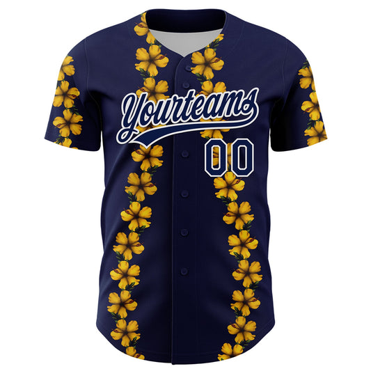 Custom Navy White 3D Tropical Hawaii Flower Authentic Baseball Jersey - Sky-Custom