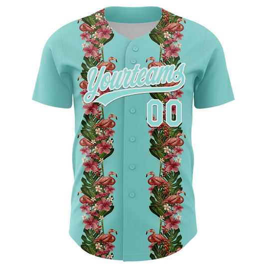 Custom Ice Blue White 3D Tropical Hawaii Plant And Flamingo Authentic Baseball Jersey - Sky-Custom