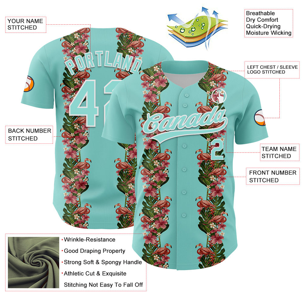 Custom Ice Blue White 3D Tropical Hawaii Plant And Flamingo Authentic Baseball Jersey - Sky-Custom