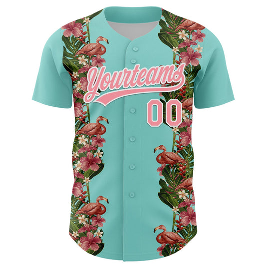 Custom Ice Blue Medium Pink-White 3D Tropical Hawaii Plant And Flamingo Authentic Baseball Jersey - Sky-Custom