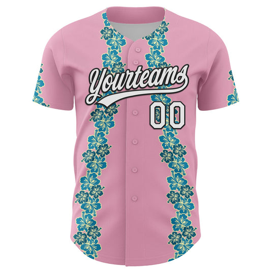 Custom Light Pink White-Black 3D Tropical Hawaii Flower Authentic Baseball Jersey - Sky-Custom