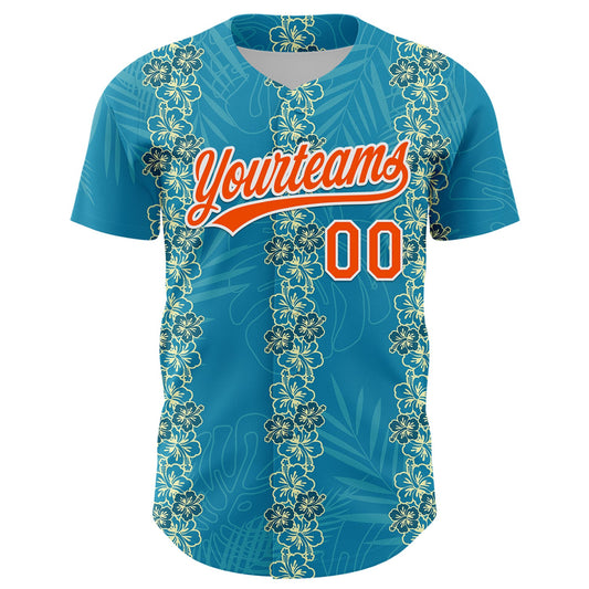 Custom Sky Blue Orange-White 3D Tropical Hawaii Jungle Leaves And Flower Authentic Baseball Jersey - Sky-Custom